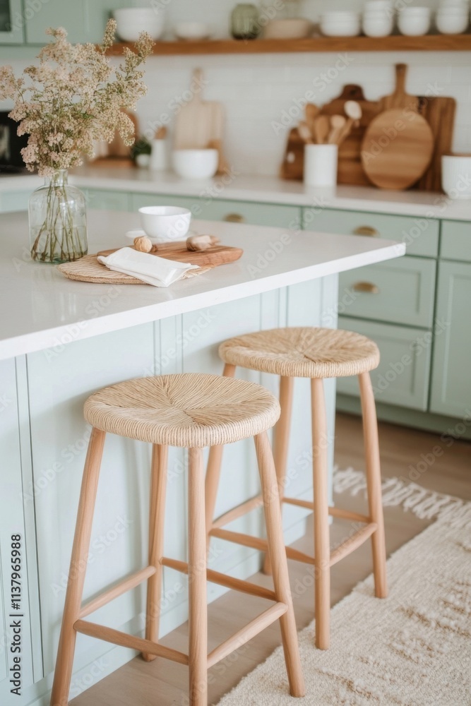 Modern kitchen island with two straw stools and dried flowers displaying cozy interior design Modern kitchen island with two straw stools and dried flowers displaying cozy interior design