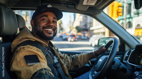 Professional and Friendly Ride-Hailing Driver Welcoming Passengers in a Modern Sedan, Exuding Comfort and Reliability Amidst Bustling City Traffic