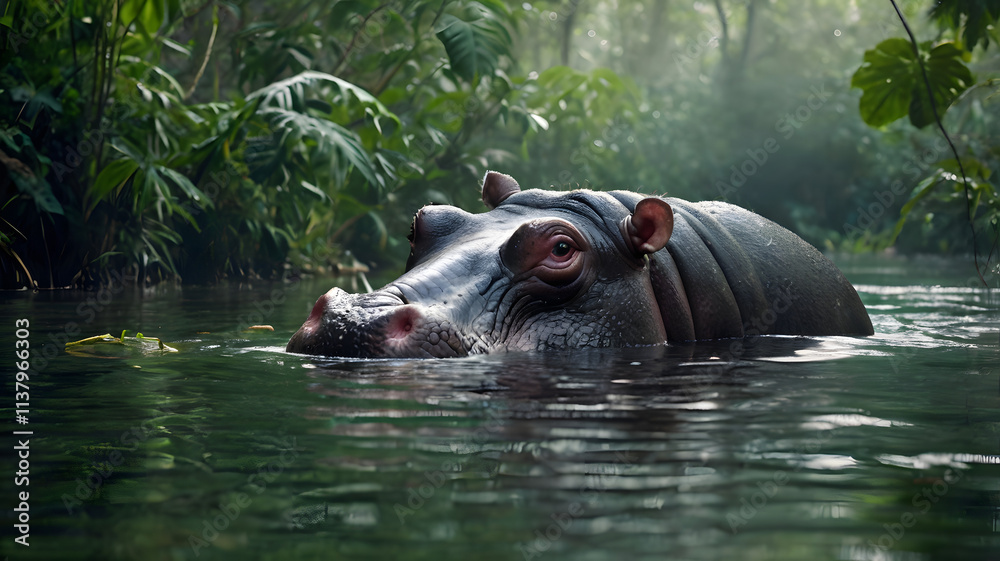 Fototapeta premium Hippopotamus in the Mist: A massive hippopotamus emerges from the murky depths of a tropical river, its eyes reflecting the ethereal mist.