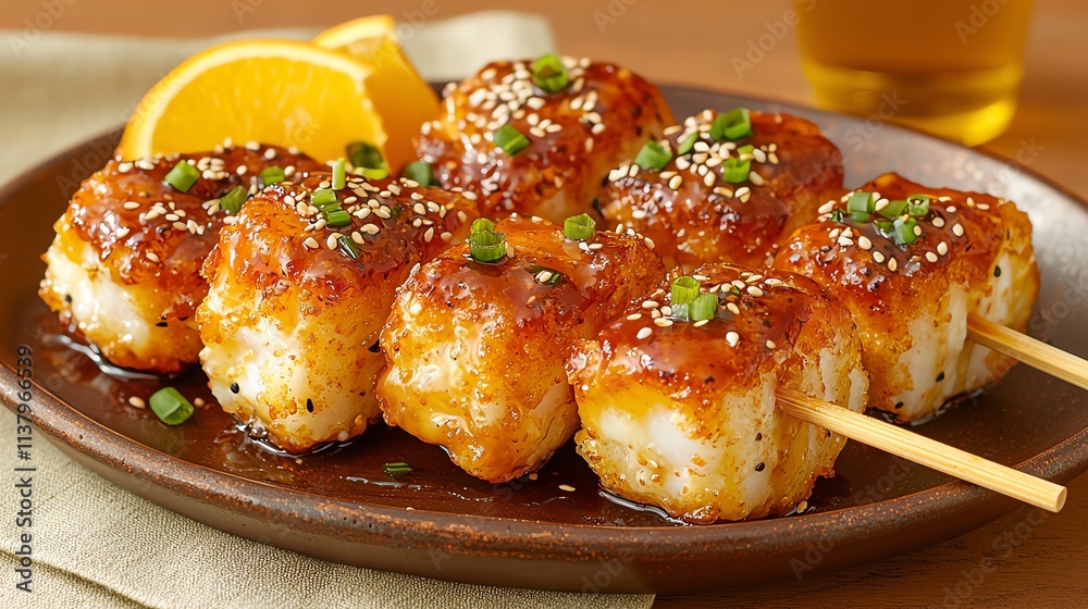 Delicious glazed shrimp skewers garnished with sesame and green onions. Delicious glazed shrimp skewers garnished with sesame and green onions.