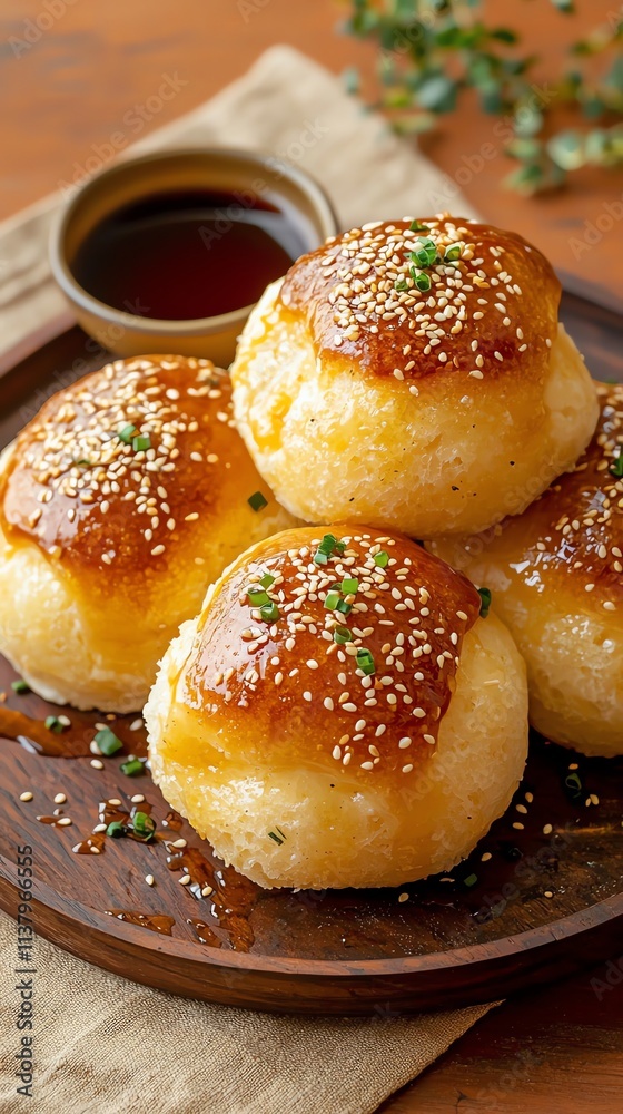 Delicious golden buns with sesame and herbs on a wooden plate. Delicious golden buns with sesame and herbs on a wooden plate.
