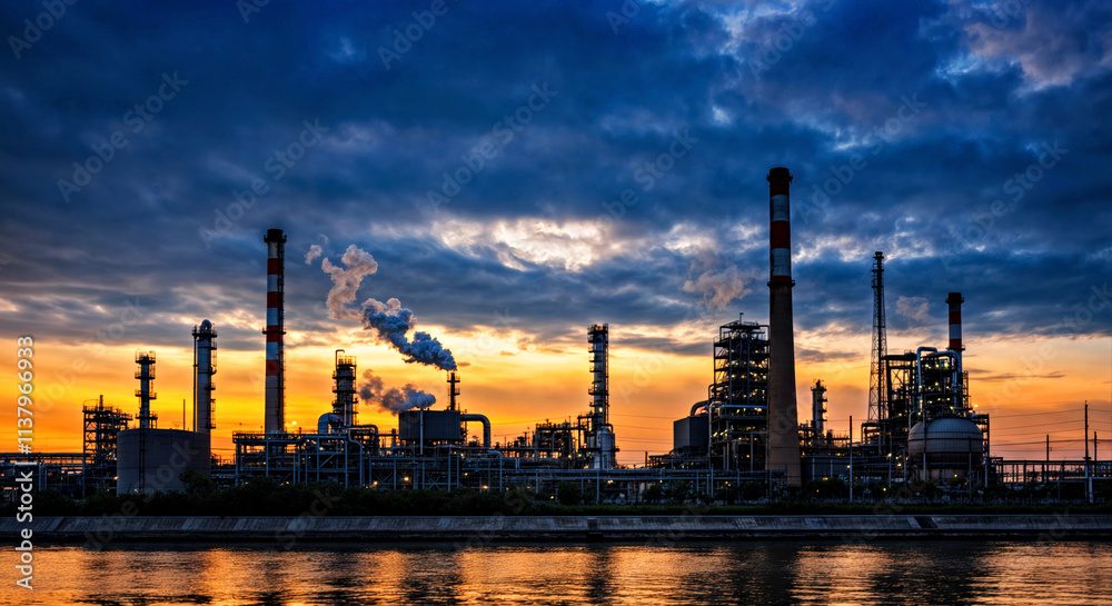 Dramatic Industrial Skyline at Sunset with Smokestacks and Water Reflection Dramatic Industrial Skyline at Sunset with Smokestacks and Water Reflection