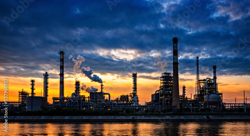 Dramatic Industrial Skyline at Sunset with Smokestacks and Water Reflection