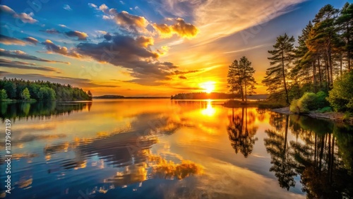 Peaceful waterscape ablaze with sunset hues; a serene lake mirrors the golden hour's beauty.