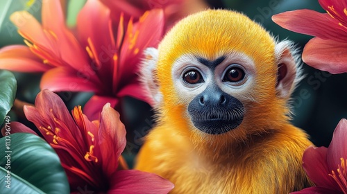 Cute Yellow Monkey Surrounded by Bright Tropical Flowers in a Lush Green Oasis, Captivating Nature Scene Featuring Vibrant Colors and Playful Expression