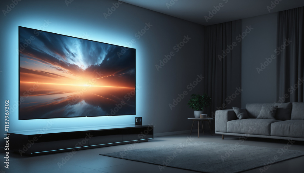 Large 3D TV screen in modern living room with ambient lighting Large 3D TV screen in modern living room with ambient lighting