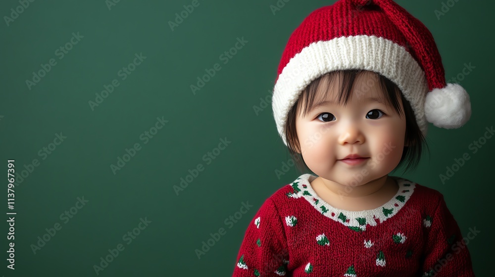 A baby girl wearing a red Christmas sweater with a Santa hat on smiles at the camera. A baby girl wearing a red Christmas sweater with a Santa hat on smiles at the camera.