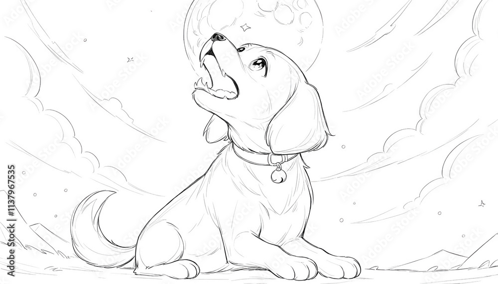 Obraz premium Line Art Anime of a Beagle Howling Under Full Moon