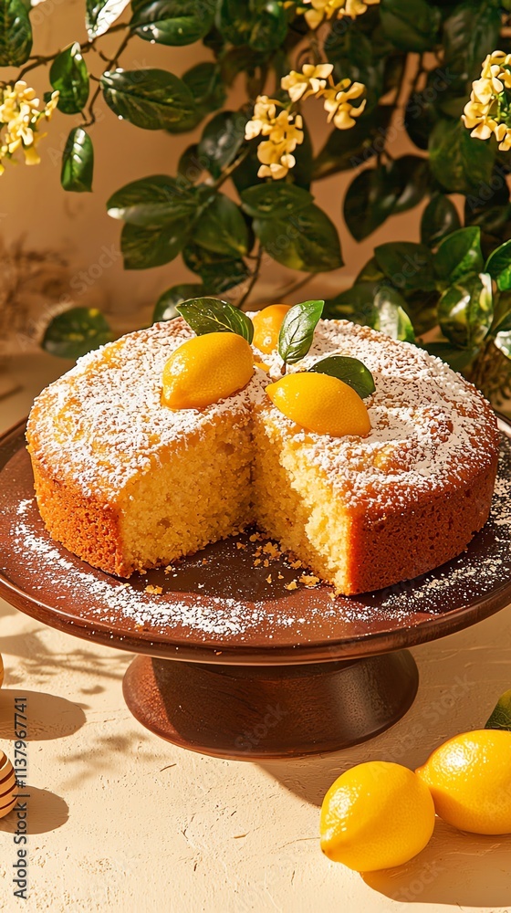 Delicious lemon cake with powdered sugar and fresh lemons, beautifully presented. Delicious lemon cake with powdered sugar and fresh lemons, beautifully presented.