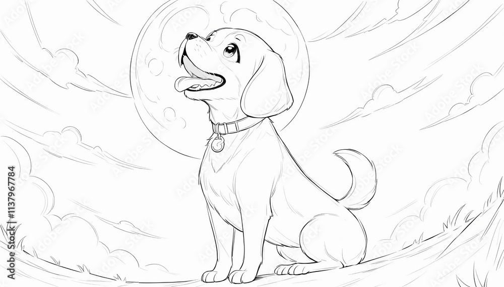 Obraz premium Line Art Anime of a Beagle Howling Under Full Moon
