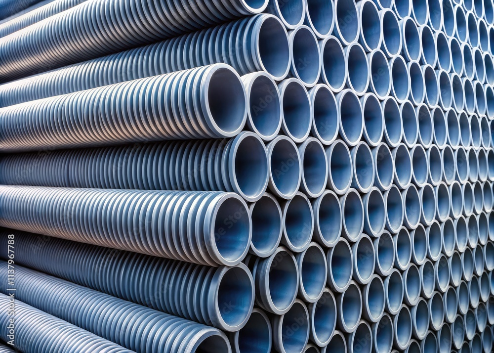 Rows of industrial-grade gray PVC pipes fill a warehouse, a substantial stock photo of plastic pipe storage. Rows of industrial-grade gray PVC pipes fill a warehouse, a substantial stock photo of plastic pipe storage.