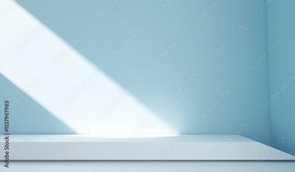 blue wall corner room low shelf podium product presentation minimal sunlight for advertisement blue wall corner room low shelf podium product presentation minimal sunlight for advertisement
