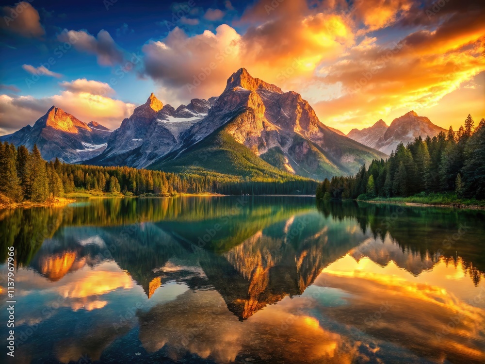 Serene mountain lake mirrors the golden hour sky; minimalist nature's masterpiece. Serene mountain lake mirrors the golden hour sky; minimalist nature's masterpiece.