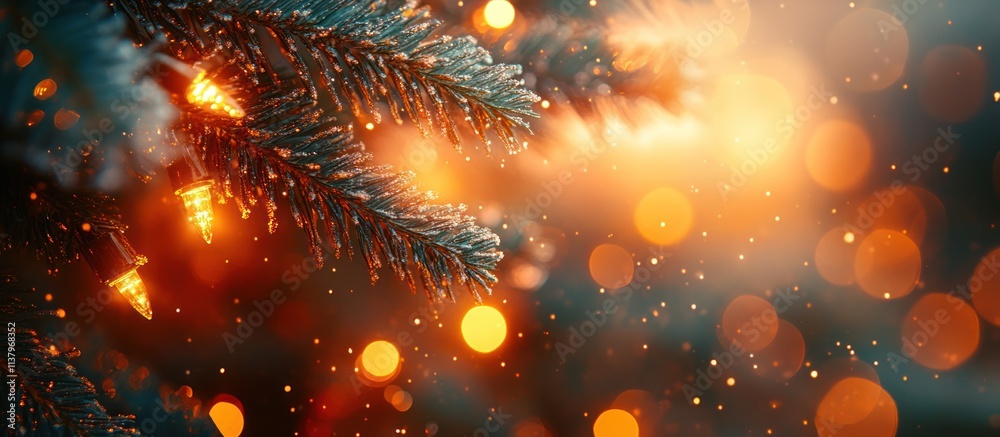 custom made wallpaper toronto digitalFestive winter background with frosted pine branch and warm lights.