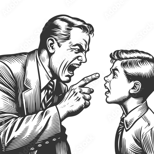 angry father man shouting at his son young boy, intense emotional confrontation, dramatic expression sketch engraving generative ai vector illustration. Scratch board imitation. Black and white image.