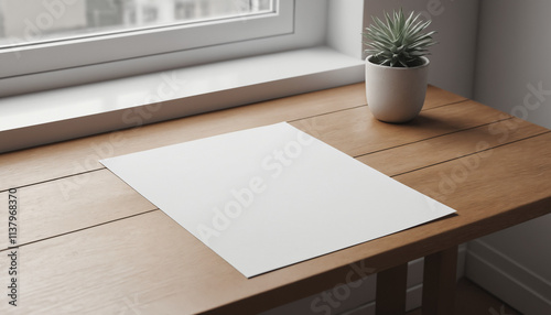 Blank A4 Paper on Wooden Desk in Minimalist Natural Light Setting