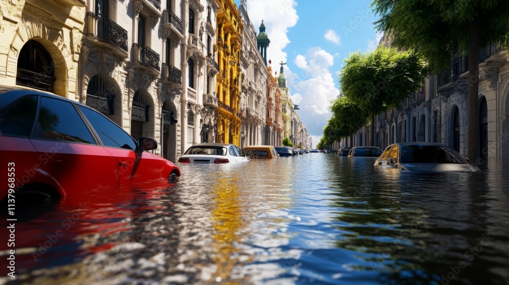 Naklejka premium Submerged Urban Landscape: The Dire Consequences of Rising Sea Levels