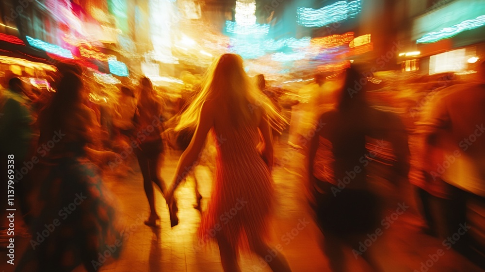 Fototapeta premium A blurry image of a woman in a red dress running through a crowd of people