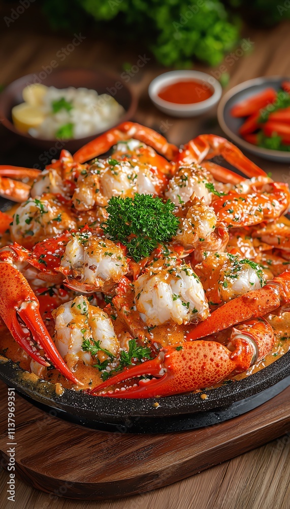 Delicious seafood dish featuring fresh, succulent crabs with garnishes. Delicious seafood dish featuring fresh, succulent crabs with garnishes.