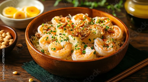 Delicious shrimp dish served in a wooden bowl with garnishes.