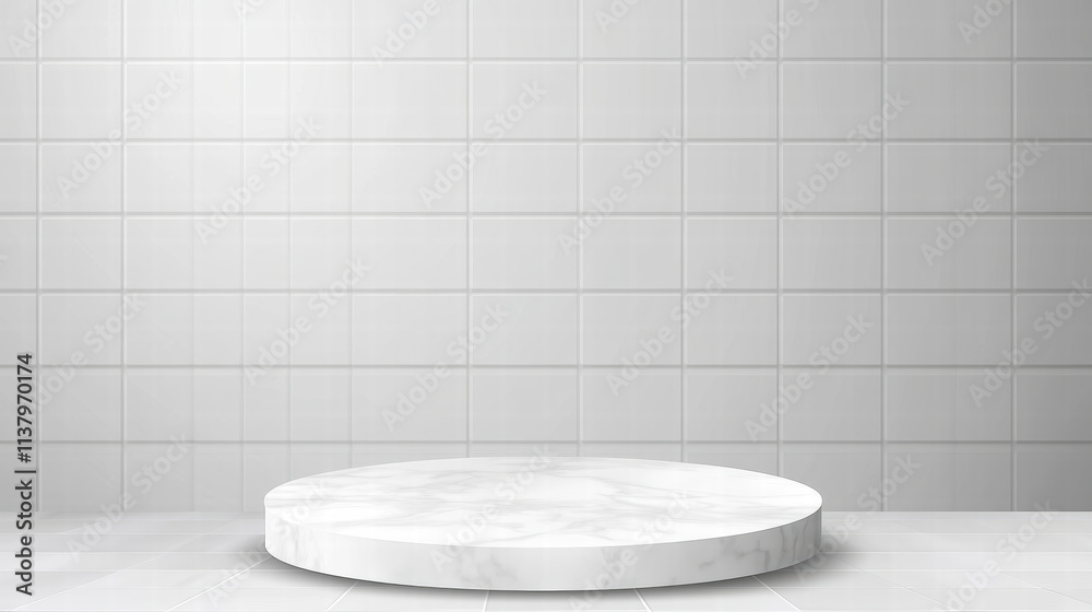 Empty white marble table with clean tiled wall background, minimalist countertop for product display or presentation. Empty white marble table with clean tiled wall background, minimalist countertop for product display or presentation.