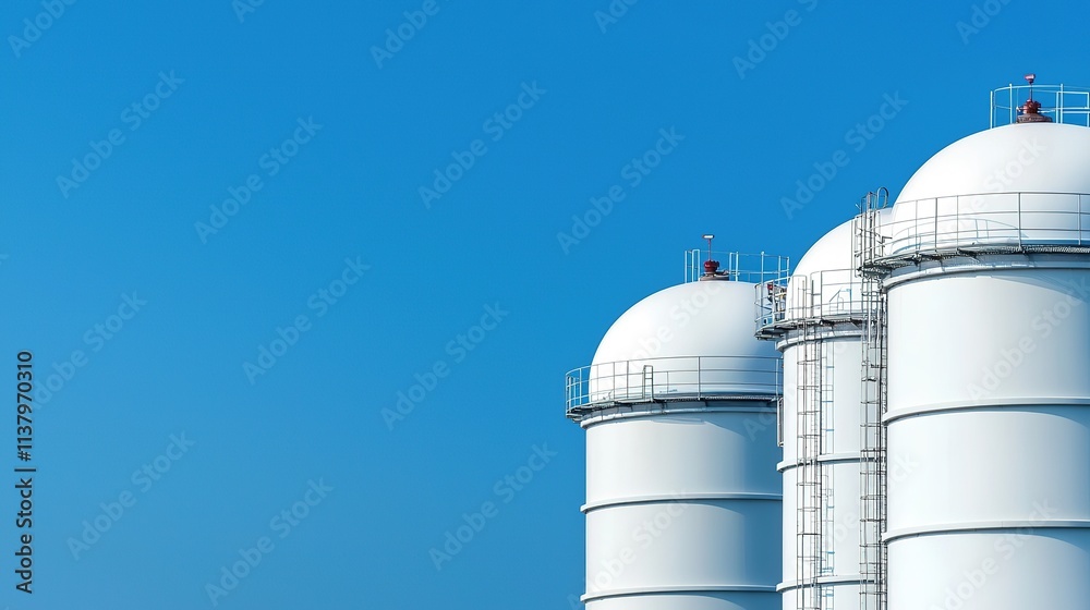 Three large white storage tanks against a clear blue sky, creating a stark industrial aesthetic. Three large white storage tanks against a clear blue sky, creating a stark industrial aesthetic.