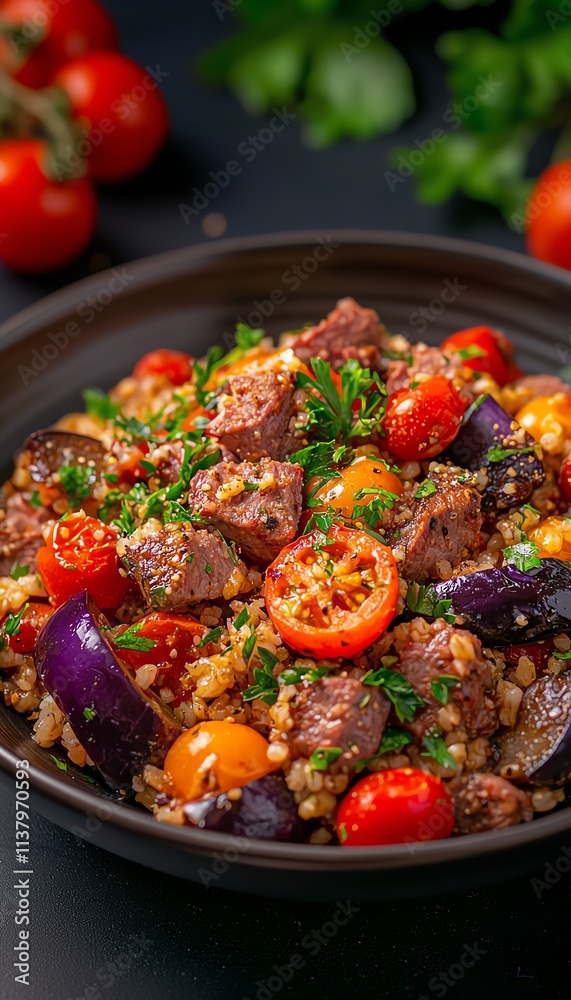 Delicious vegetable and meat dish served in a bowl, white isolate background. Delicious vegetable and meat dish served in a bowl, white isolate background.