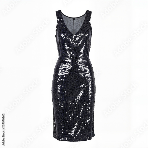 Black sequin sleeveless dress on white background, evening fashion