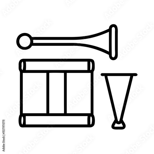 drum and bugle icon, veterans day icon line art, veterans icon  - simple black line art icon of drum and bugle, for veterans day celebrations. veterans vector art.