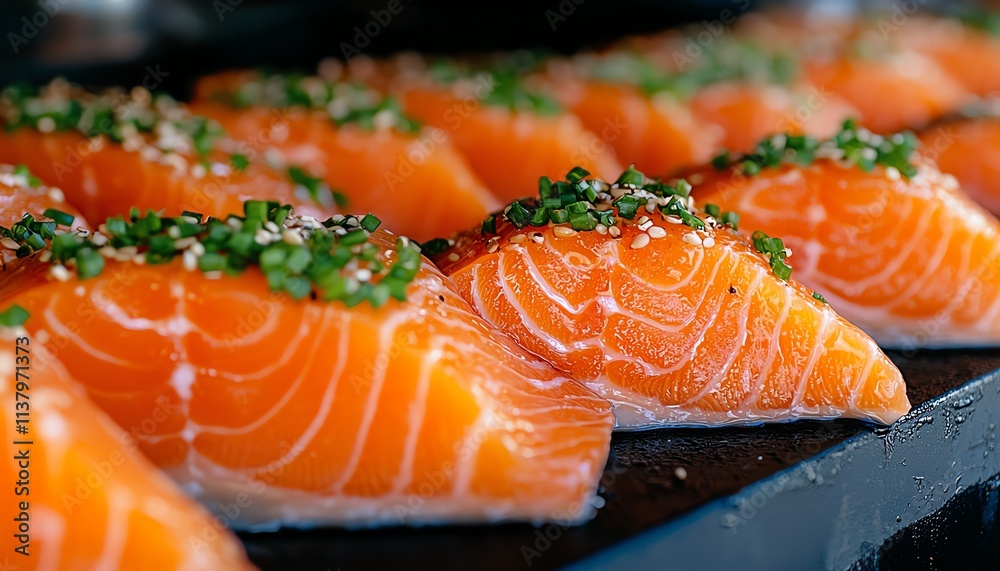 Fresh sushi slices with salmon and herbs on a black plate. Fresh sushi slices with salmon and herbs on a black plate.