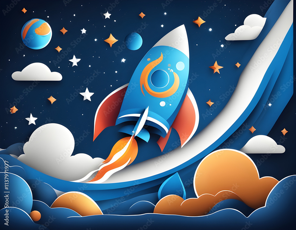 Naklejka premium space galaxy with cartoon rocket leaving white trail paper cut style vector illustration background