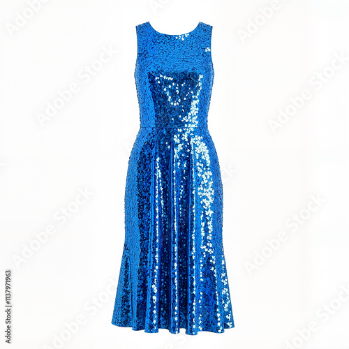 Vibrant blue sequin dress on white background, glamorous fashion