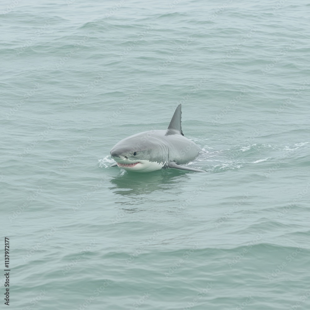 Fototapeta premium Great White Shark in Ocean Waters Majestically Swimming