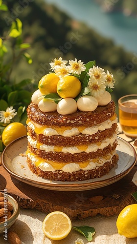 Lemon layer cake adorned with fresh lemons and flowers, set outdoors with greenery. photo