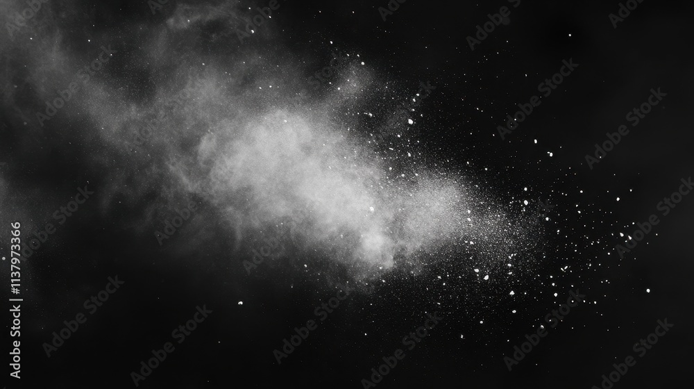 Abstract white powder explosion on black background.