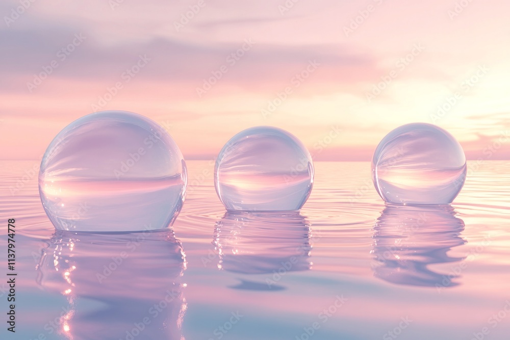 Transparent spheres floating on water, each sphere reflecting the soft pastel hues of the sunrise over calm waters, creating an ethereal and dreamy atmosphere Transparent spheres floating on water, each sphere reflecting the soft pastel hues of the sunrise over calm waters, creating an ethereal and dreamy atmosphere