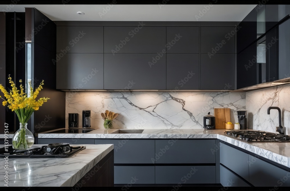 Modern Grey Kitchen Design With White Marble Backsplash Modern Grey Kitchen Design With White Marble Backsplash