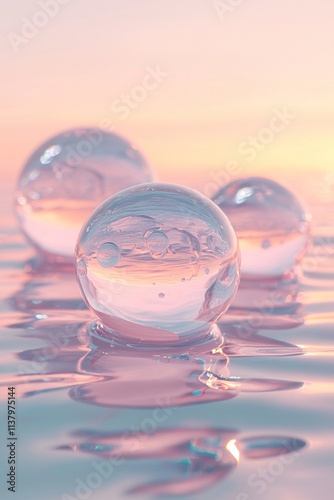 Wallpaper Mural Transparent spheres floating on water, each sphere reflecting the soft pastel hues of the sunrise over calm waters, creating an ethereal and dreamy atmosphere Torontodigital.ca