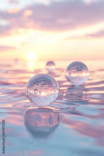 Transparent spheres floating on water, each sphere reflecting the soft pastel hues of the sunrise over calm waters, creating an ethereal and dreamy atmosphere