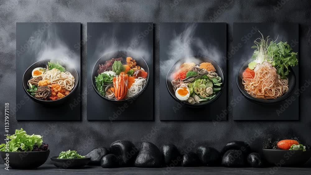 Surrealistic paintings of several Japanese dishes steaming away on a dark background. Ramen and udon noodles.