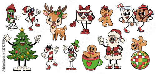 Groovy Christmas characters. Santa, Christmas tree, reindeer, gingerbread men and other characters in cool hipster style, dynamic poses and funny expressions. White background.