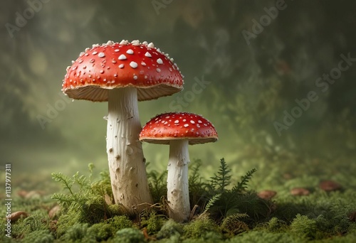 Amanita Muscaria cap with bright red spots on a greenish-brown background, flora, nature photo