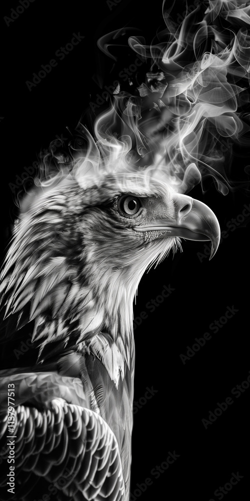 Fototapeta premium an eagle emerging from smoke fade against a black background, creating a dreamscape portraiture with a gigantic scale, ideal for a wall poster or wallpaper.