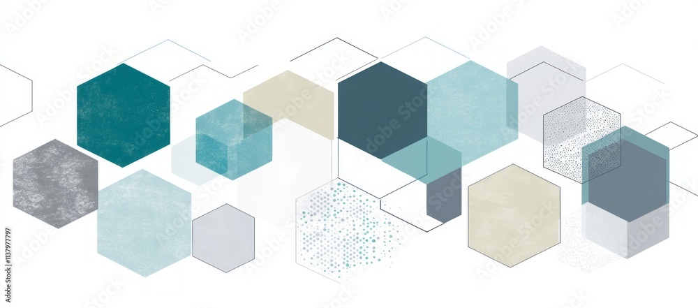 Obraz premium Abstract geometric hexagons, teal, grey, beige.