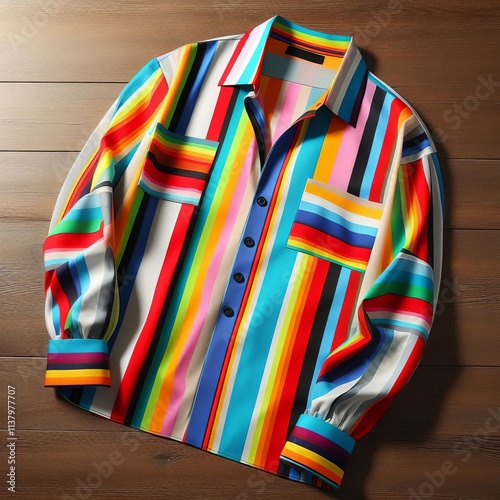 Colorful Striped Shirt A shirt featuring a bold colorful striped photo