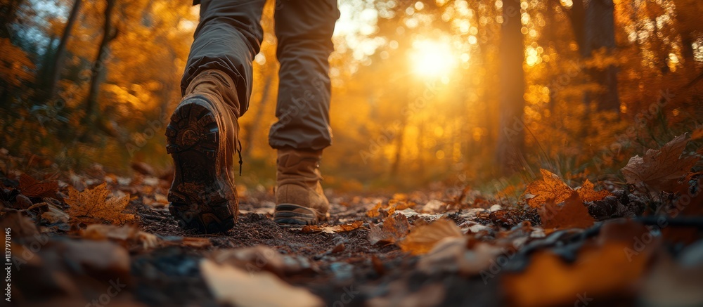 Person hiking on autumn trail at sunset. Person hiking on autumn trail at sunset.