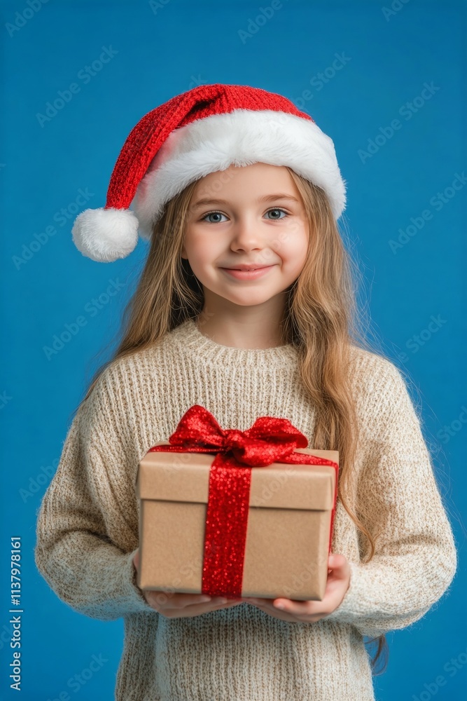 Isolated white white child girl in red christmas cap with wrapped box in hands, on blue background. Copy space. Christmas professional setup. Professional gift ideas. Hat design ideas. Isolated white white child girl in red christmas cap with wrapped box in hands, on blue background. Copy space. Christmas professional setup. Professional gift ideas. Hat design ideas.