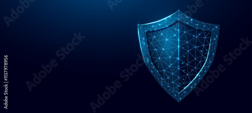 Guard shield. Cyber security concept with glowing low poly shield on dark blue background. Wireframe low poly design. Abstract futuristic vector illustration.