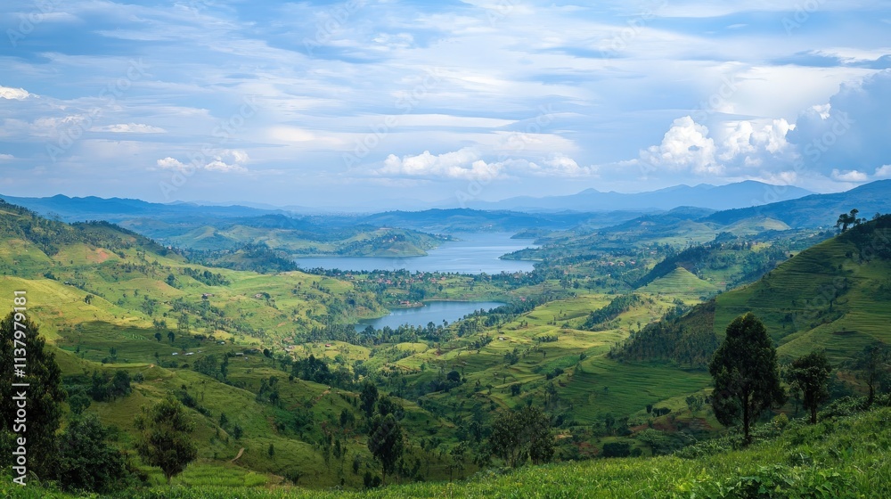 Naklejka premium A scenic view of rolling hills and a tranquil lake under a blue sky with scattered clouds.