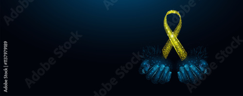 Two human hands are holds yellow ribbon awareness. Adenosarcoma, Bladder Cancer, Bone Cancer, Endometriosis, Sarcoma, Spina Bifida, Suicide awareness month concept. Abstract vector